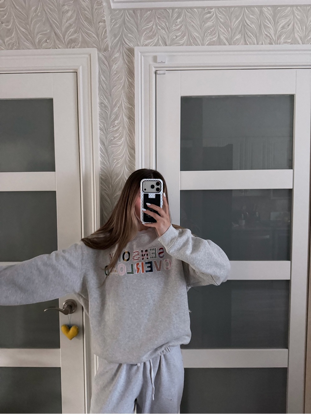Light Gray Crewneck Sweatshirt with Multicolor "Sensory Overload" Graphic
